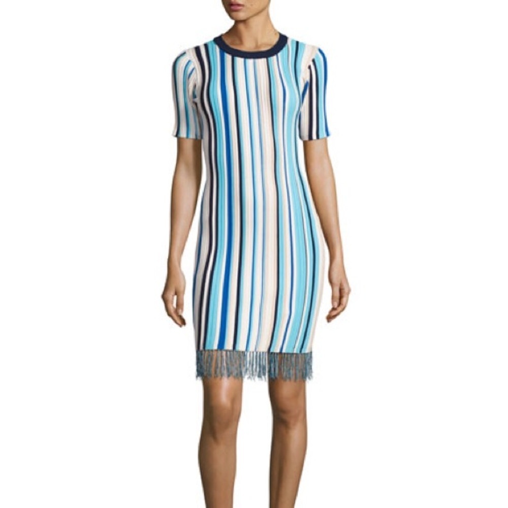 Milly vertical stripe body con dress with fringe